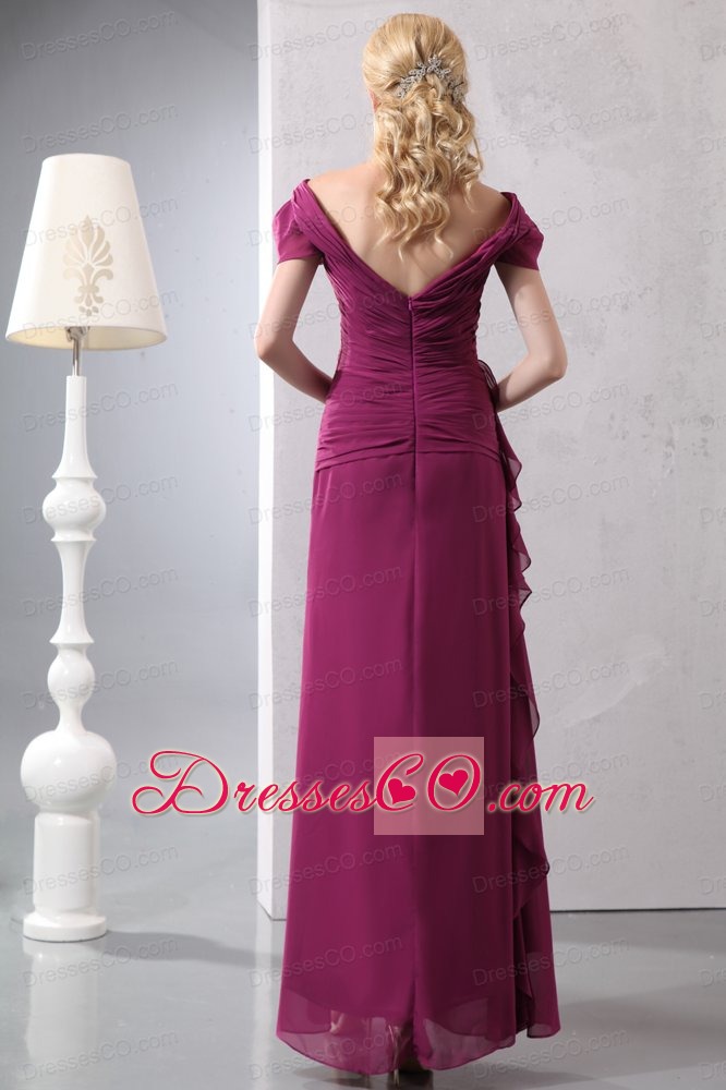 Burgundy Column V-neck Ankle-length Chiffon Beading Prom Dress