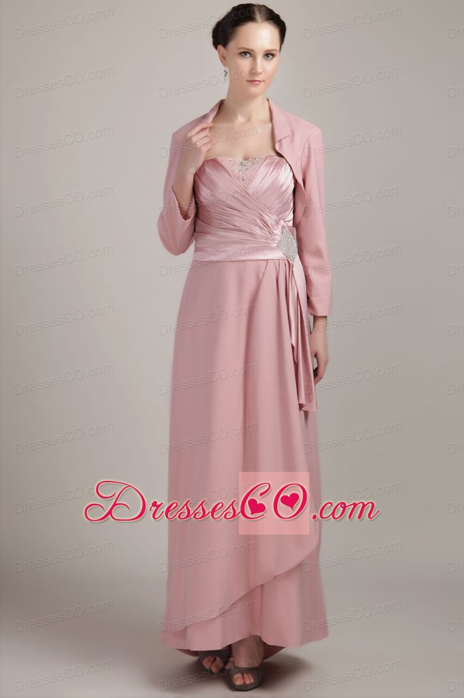 Pink Column / Sheath Wide Straps Long Elastic Woven Satin Beading Mother Of The Bride Dress