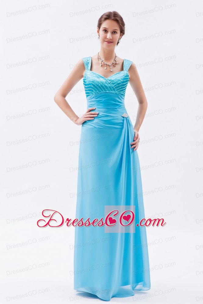 Baby Blue Column Straps Long Chiffon Beading Prom Dress