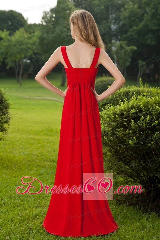 Red Empire Straps Long Chiffon Ruched Mother Of The Bride Dress