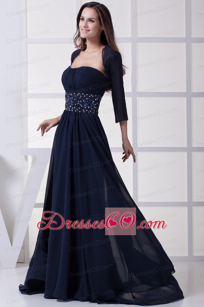 Beading Strapless Navy Blue Long Prom Dress