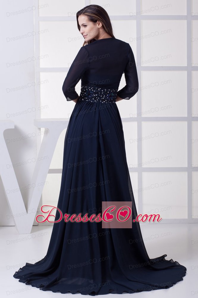 Beading Strapless Navy Blue Long Prom Dress