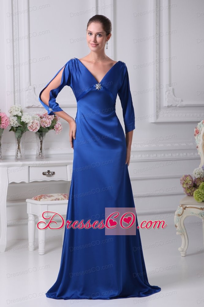V-neck 3/4 Sleeves Blue Brush Train Mother Of The Bride Dress