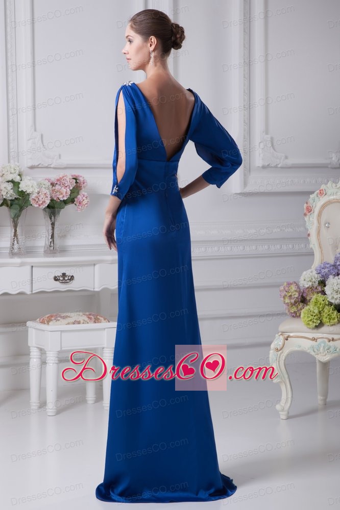 V-neck 3/4 Sleeves Blue Brush Train Mother Of The Bride Dress