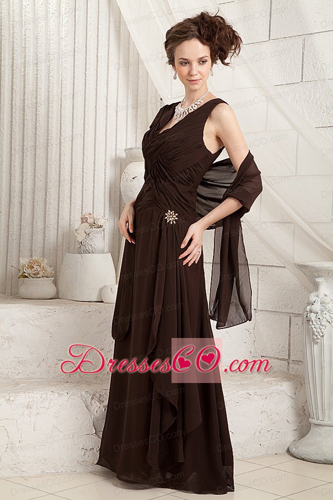 Brown Column V-neck Long Chiffon Ruched Mother Of The Bride Dress