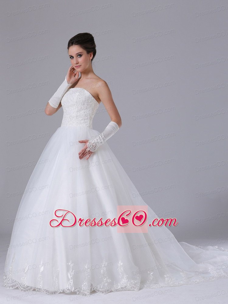 Lace Strapless Organza Chapel Train Ball Gown Wedding Dress