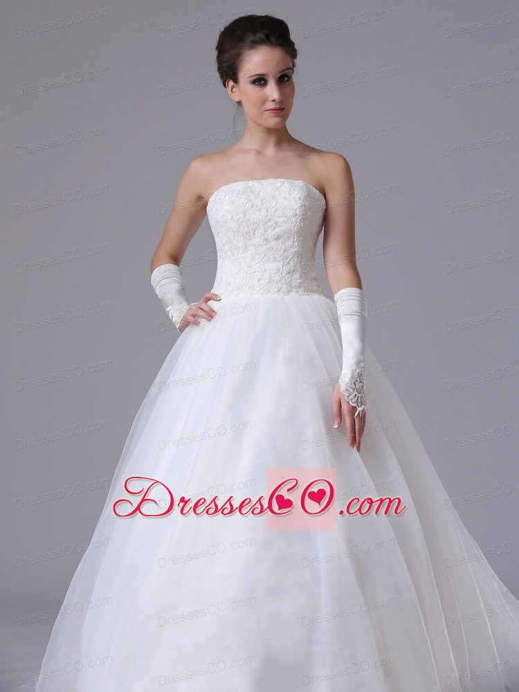 Lace Strapless Organza Chapel Train Ball Gown Wedding Dress