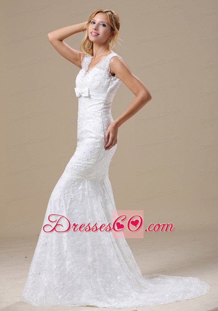V-neck Sash and Lace Over Skirt For Wedding Dress With Mermaid Brush Train