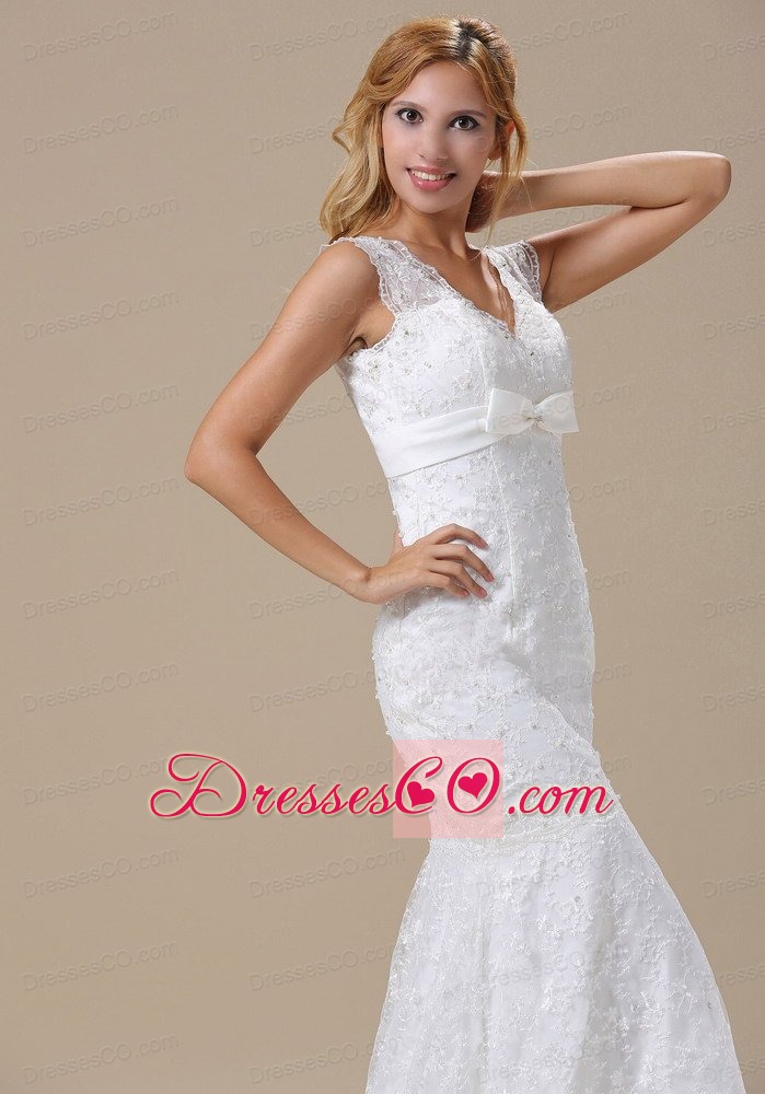 V-neck Sash and Lace Over Skirt For Wedding Dress With Mermaid Brush Train