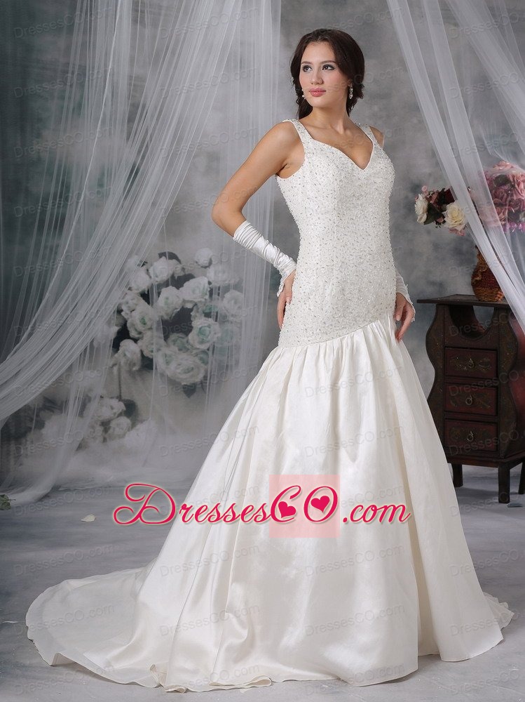 Exquisite A-Line / Princess Straps Court Train Taffeta Beading Wedding Dress