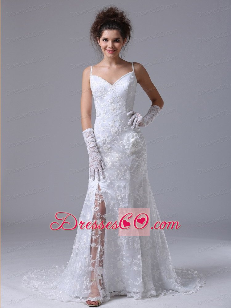 Lace Spaghetti Strap Column Garden / Outdoor Fitted Wedding Dress For 2013