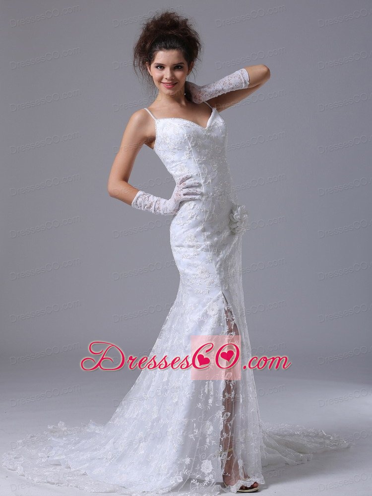 Lace Spaghetti Strap Column Garden / Outdoor Fitted Wedding Dress For 2013