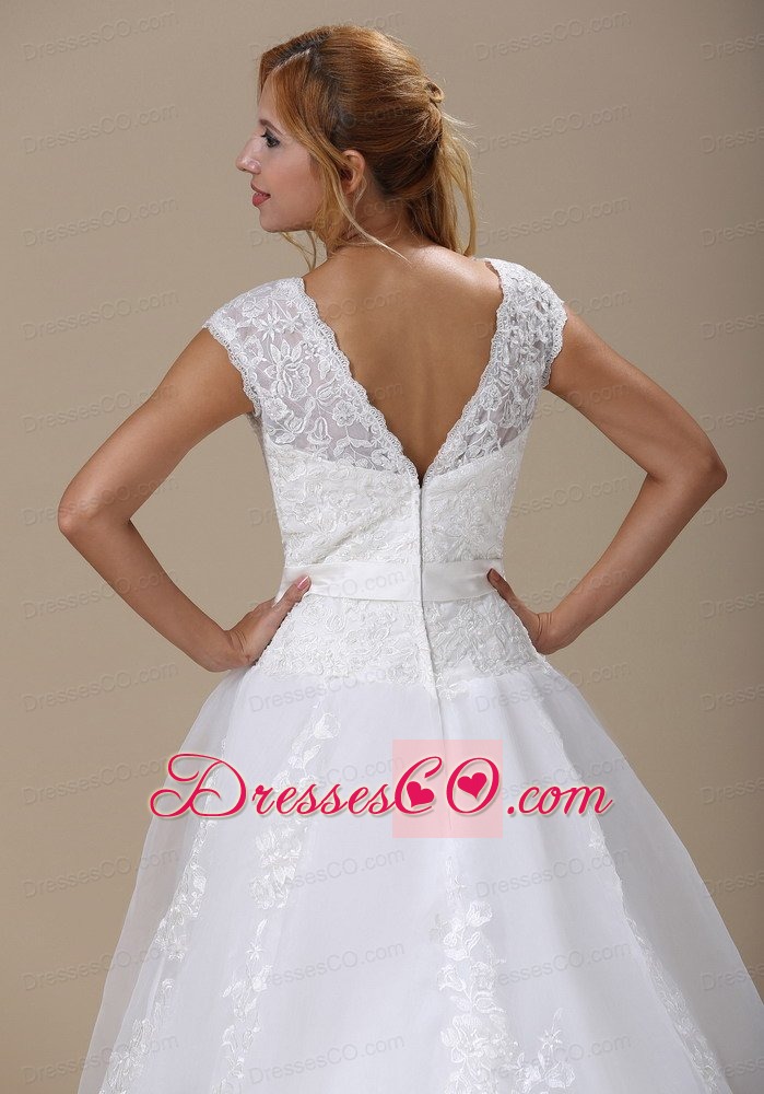 Square Cap Sleeves and Sash For Wedding Dress With Lace Bodice