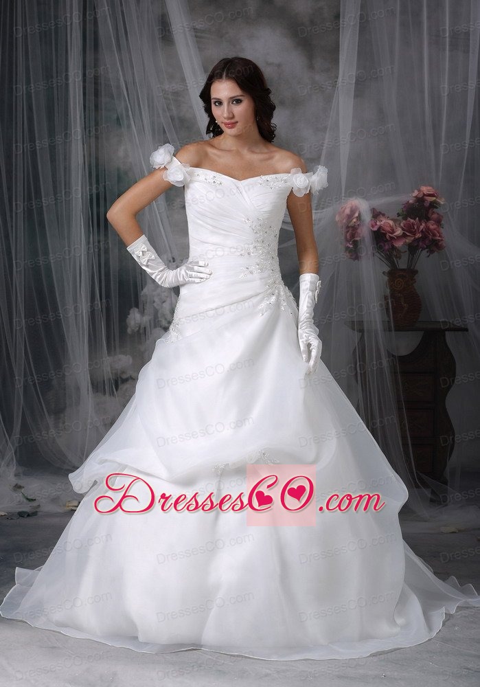 Elegant A-line Off The Shoulder Sweep Train Taffeta and Organza Appliques With Beading Wedding Dress