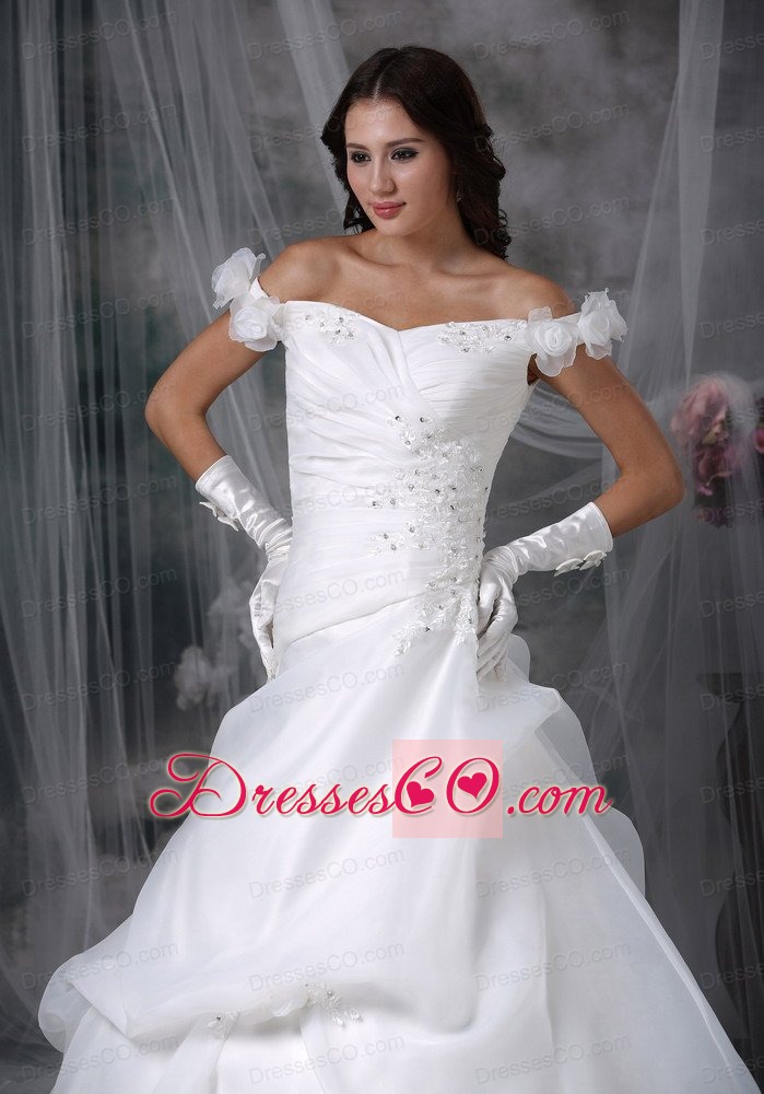 Elegant A-line Off The Shoulder Sweep Train Taffeta and Organza Appliques With Beading Wedding Dress