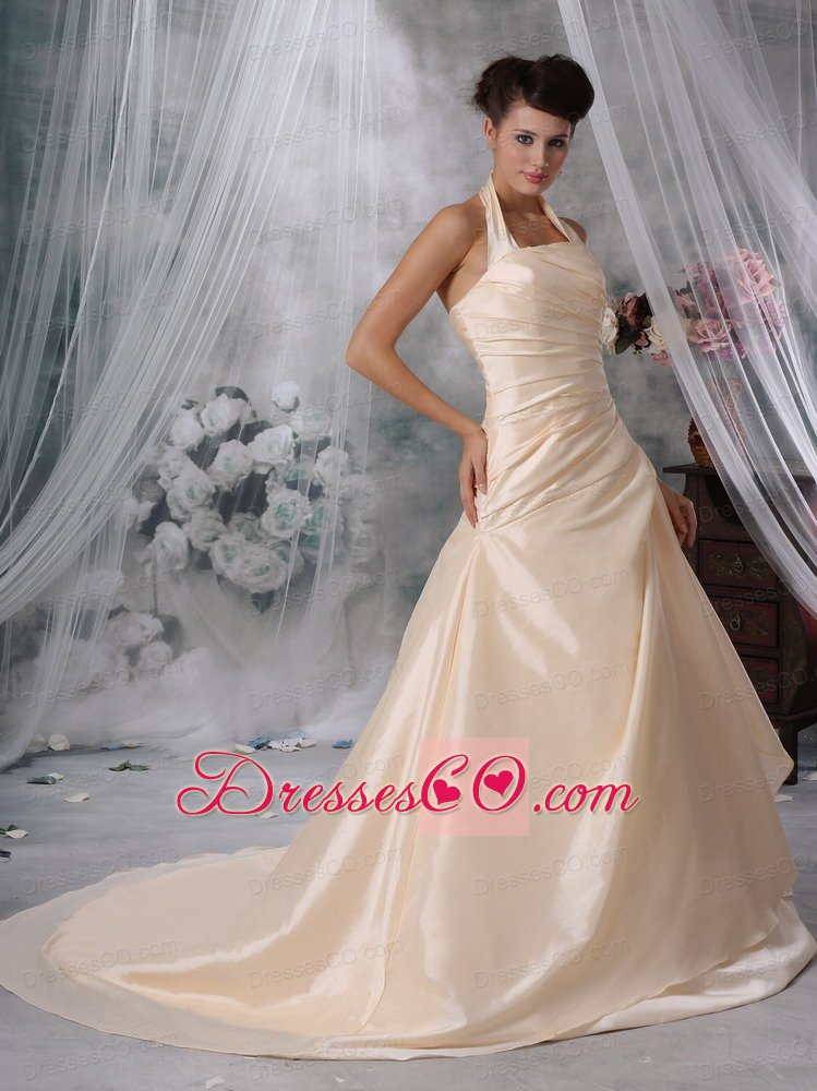 Champagne A-Line / Princess Halter Court Train Taffeta Ruched Wedding Dress