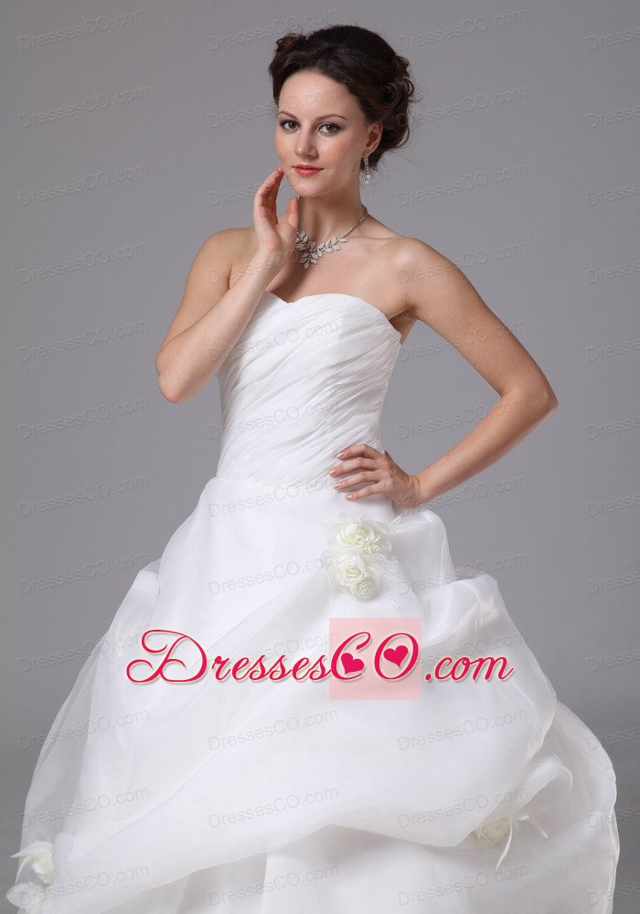 Organza Hand Made Flowers and Pick-ups Wedding Dress With Brush Train For Custom Made