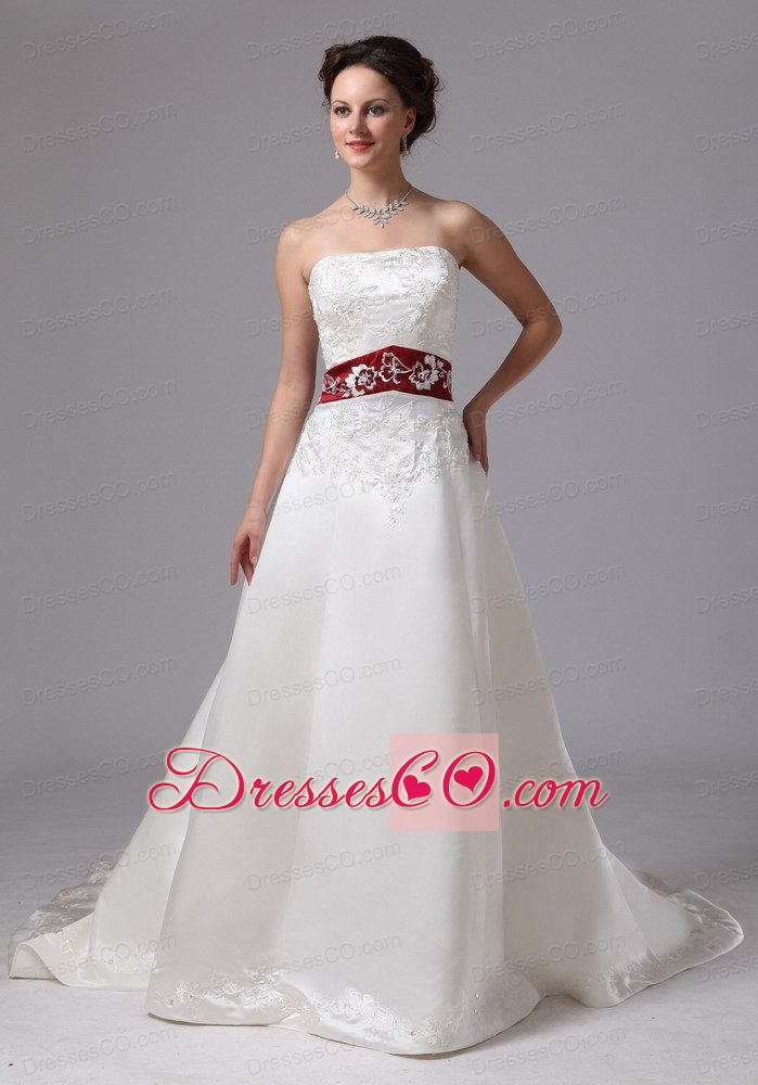 Embroidery Wedding Dress With Chapel Train Wine Red and White