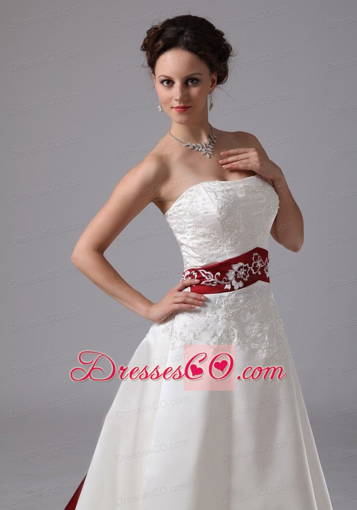 Embroidery Wedding Dress With Chapel Train Wine Red and White