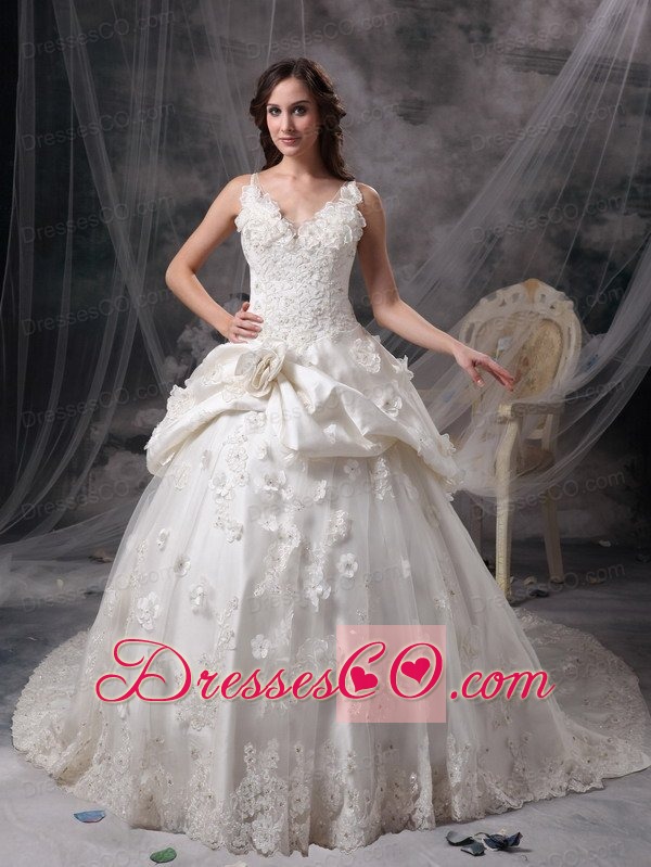 Ivory Princess V-neck Long Taffeta Lace And Hand Made Flowers Wedding Dress