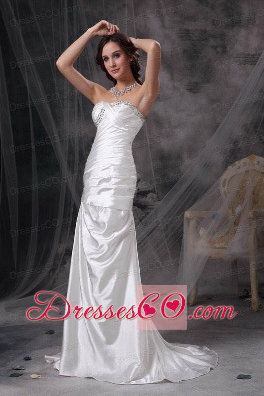 Ivory Mermaid Brush Train Taffeta Beading and Ruching Wedding Dress