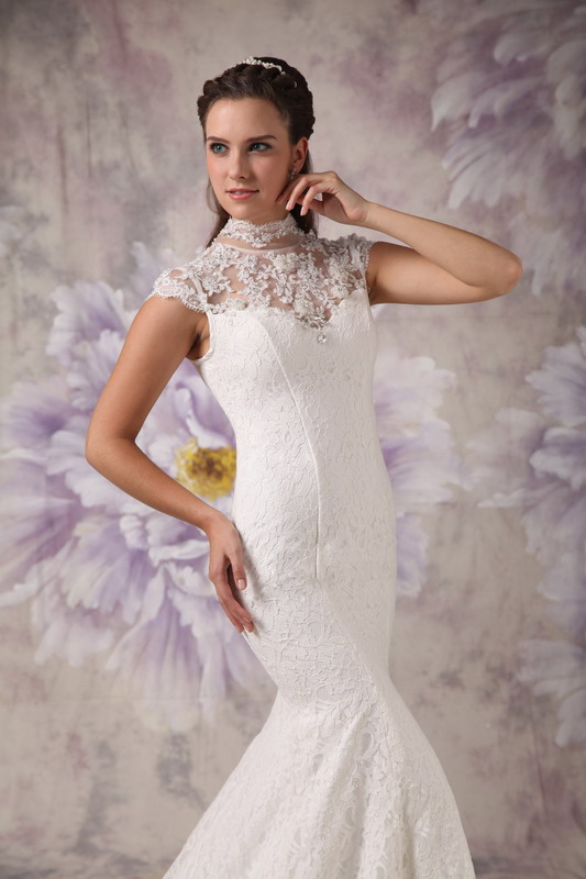 Elegant Mermaid High Neck Court Train Lace Beading Wedding Dress