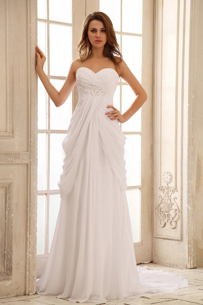 Column Beach Wedding Dress With Appliques and Ruching Chiffon In 2013