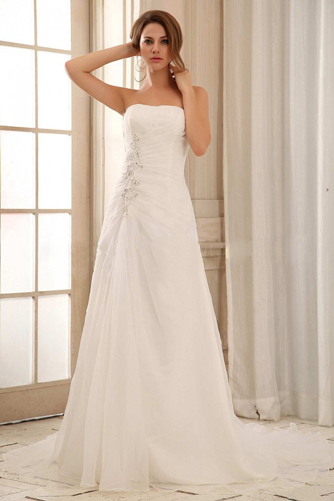 Custom Made Strapless Column Weding Dress With Ruch and Appliques Organza In 2013