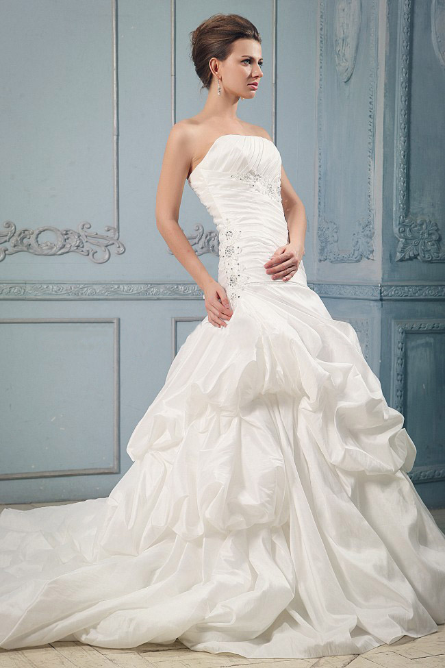 Custom Made Ball Gown Wedding Dress With Ruching and Beading Pick-ups Court Train