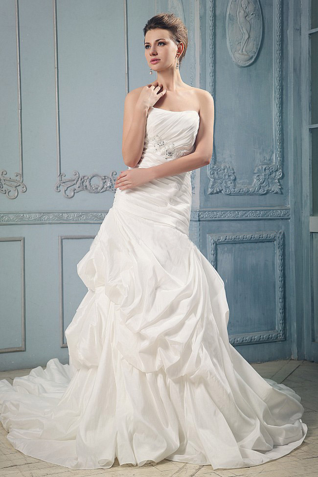Custom Made Ball Gown Wedding Dress With Ruching and Beading Pick-ups Court Train