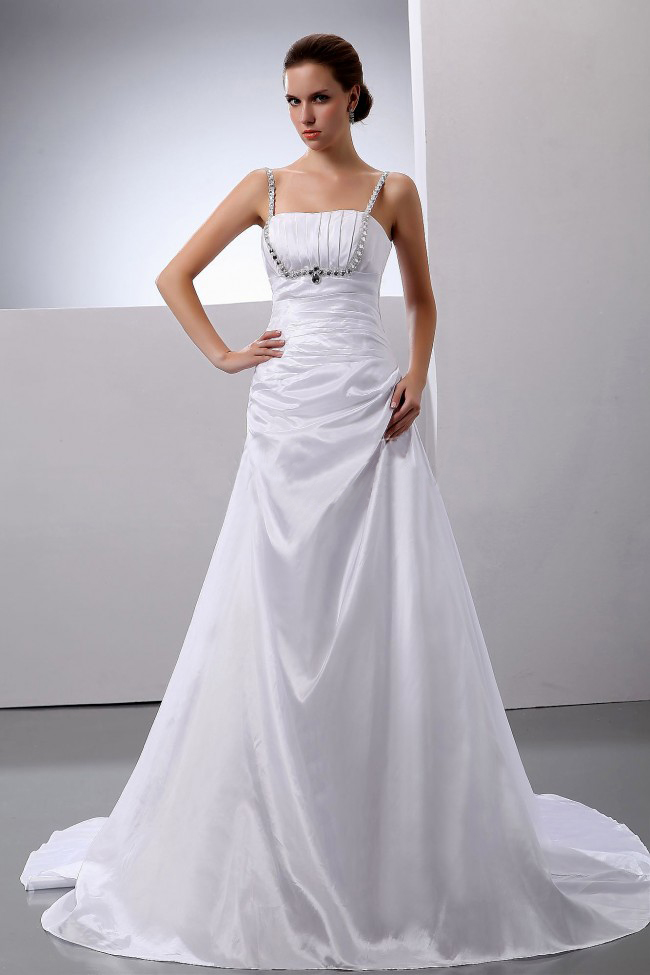 A-Line / Princess Taffeta Straps Beading Court Train Wedding Dress