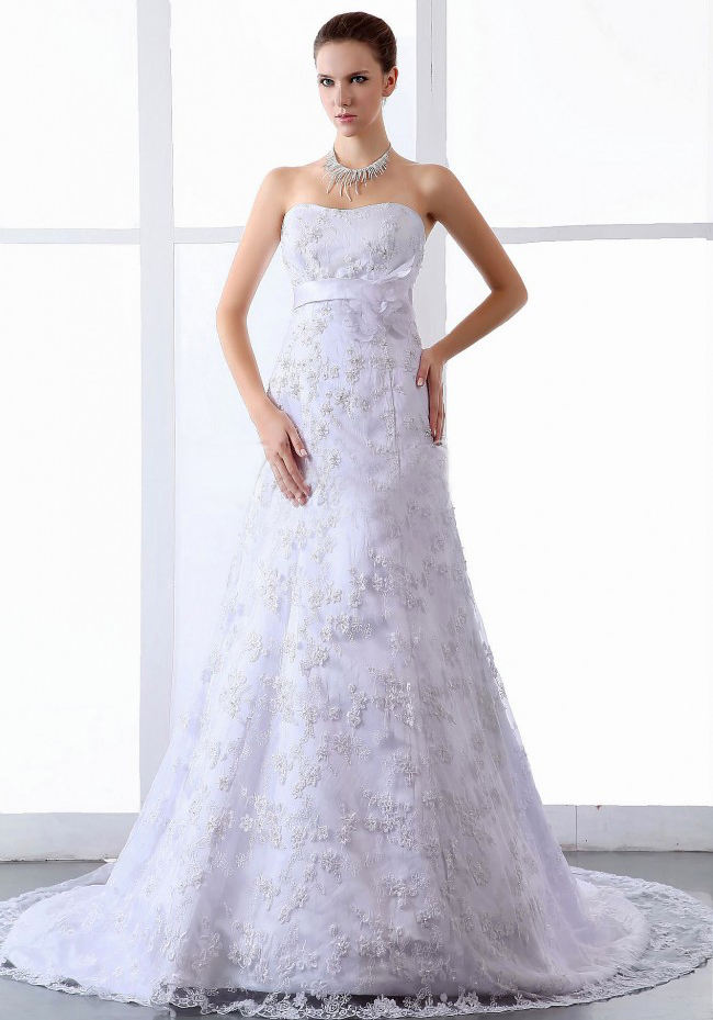 Wedding Dress Lace Tulle Brush / Sweep Train Strapless A-Line