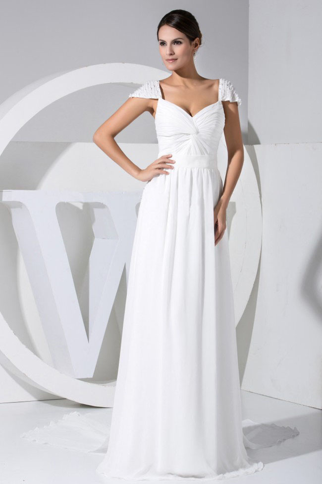 Elegant Beading Decorate Cap Sleeves V-neck White Chiffon Watteau Train Prom Dress