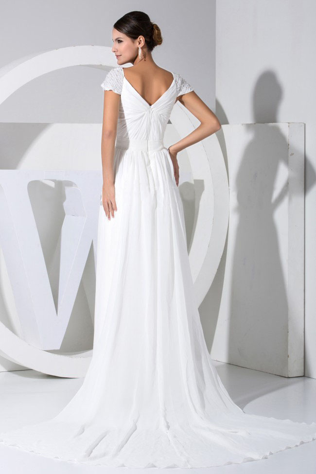 Elegant Beading Decorate Cap Sleeves V-neck White Chiffon Watteau Train Prom Dress