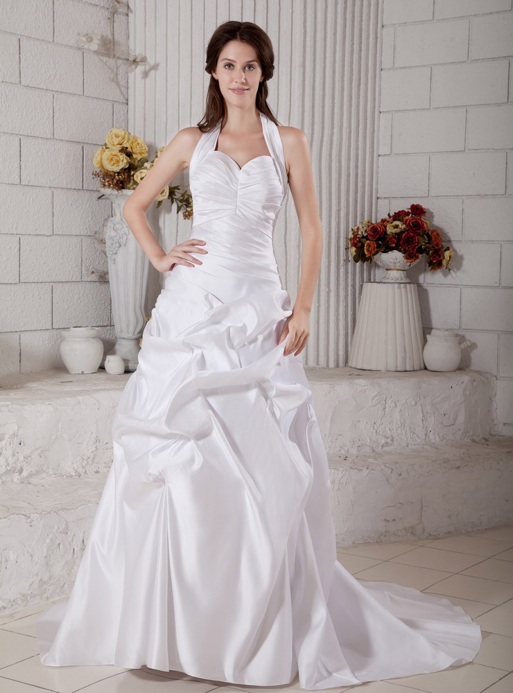 Amazing A-line Halter Court Train Taffeta Ruching Wedding Dress