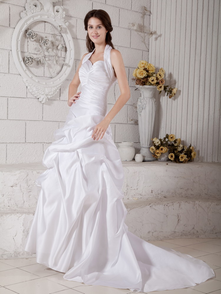 Amazing A-line Halter Court Train Taffeta Ruching Wedding Dress