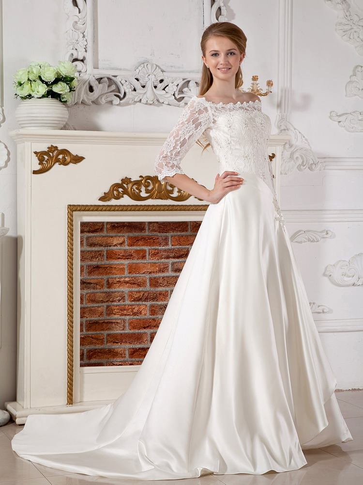 Brand New A-line Off The Shoulder Court Train Taffeta Lace Wedding Dress
