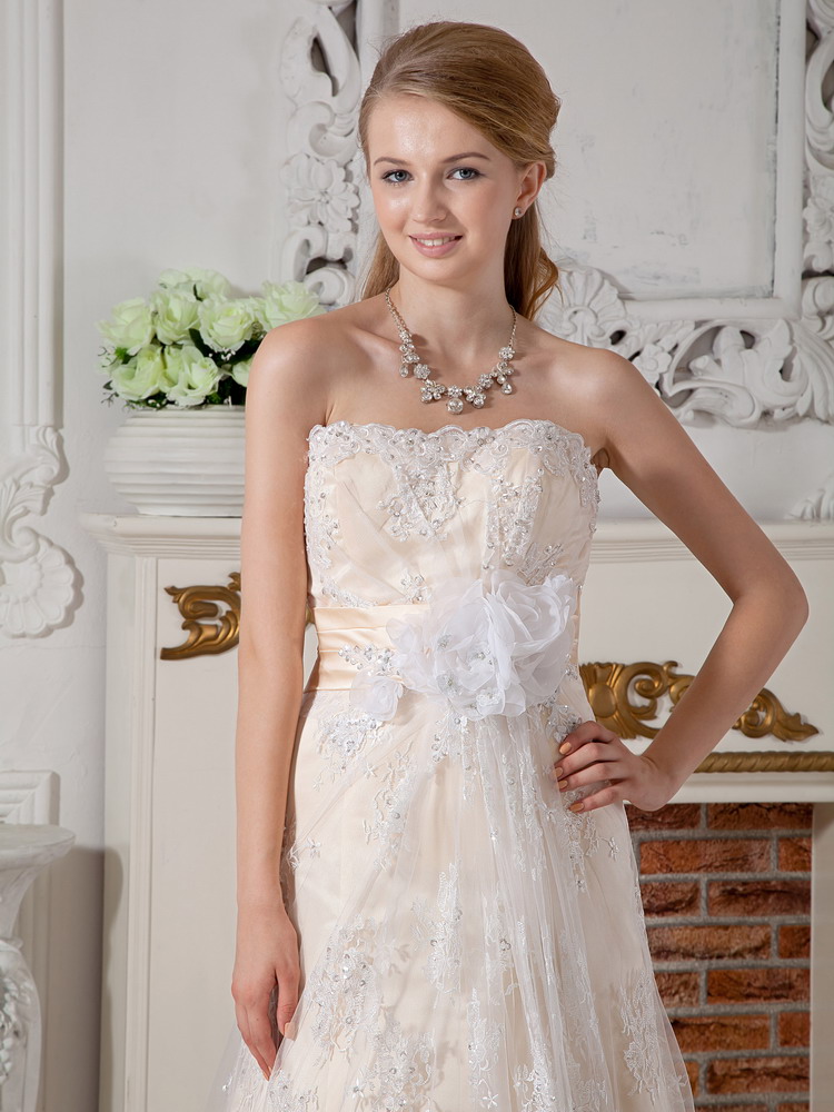 Lovely A-line Strapless Court Train Lace Hand Made Flowers Wedding Dress