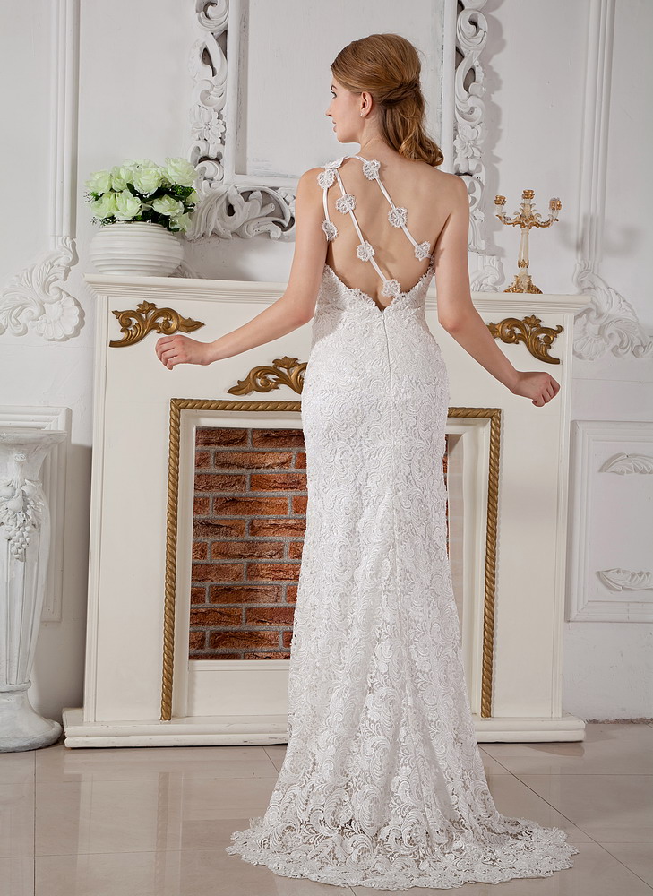 Perfect Column One Shoulder Brush Train Lace Wedding Dress