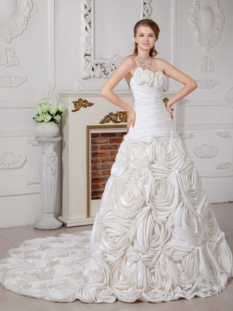 Cheap A-line Court Train Satin Lace Wedding Dress