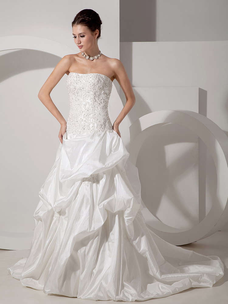 Exquisite A-line Strapless Court Train Taffeta Appliques Wedding Dress