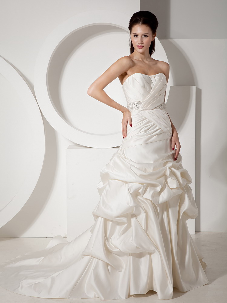 New A-line Strapless Court Train Satin Beading and Ruched  Wedding Dress