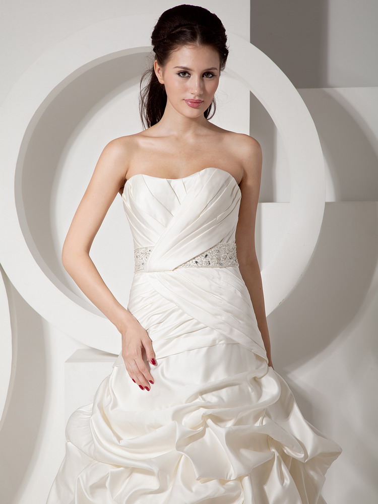 New A-line Strapless Court Train Satin Beading and Ruched  Wedding Dress