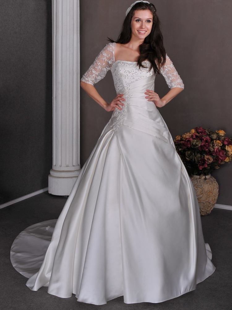 Gorgeous A-line Square Chapel Train Satin Appliques and Beading Wedding Dress