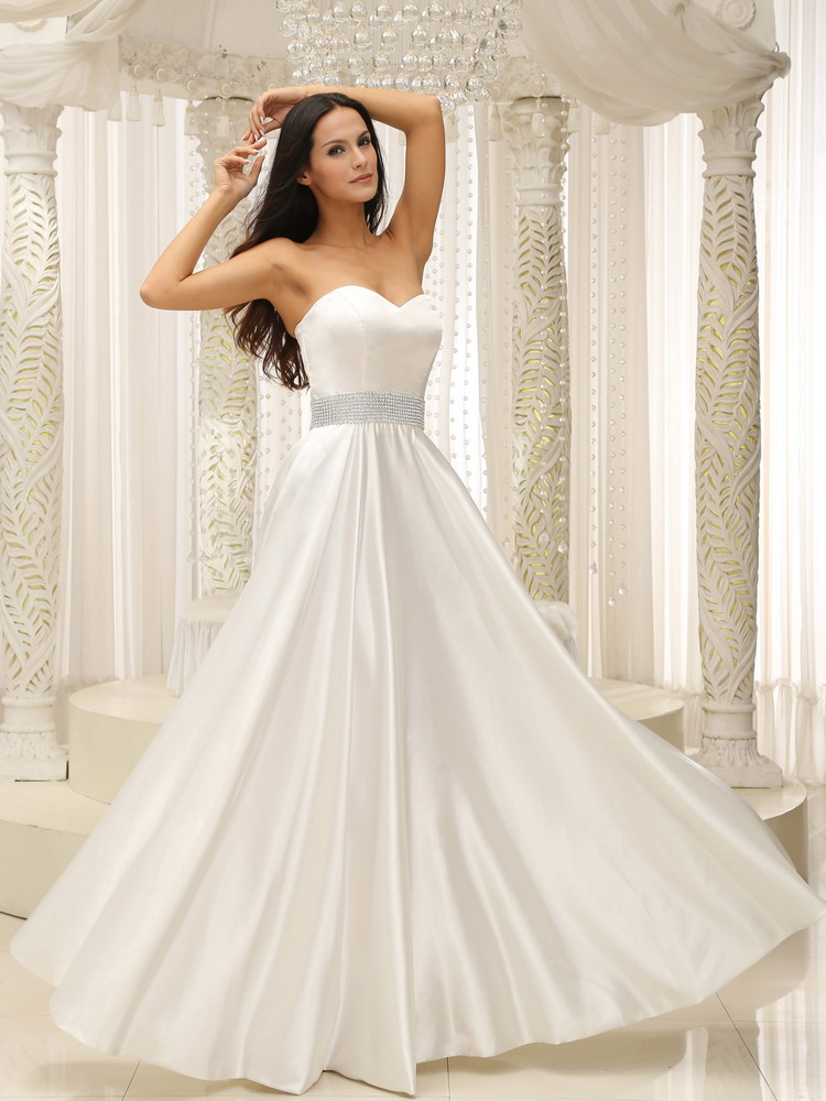 Elastic Woven Satin Sweetherat Wedding Dress Beaded Decorate Waist Long