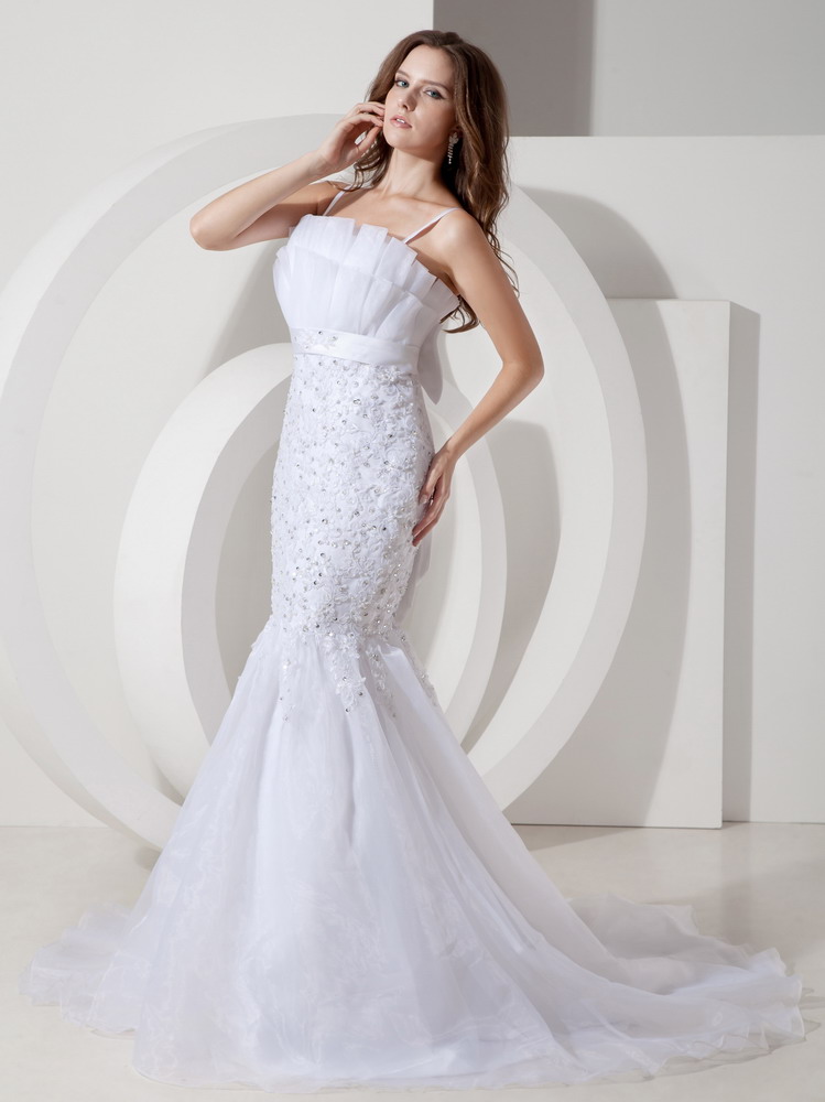 Sweet Mermaid Straps Court Train Tulle and Lace Belt Wedding Dress