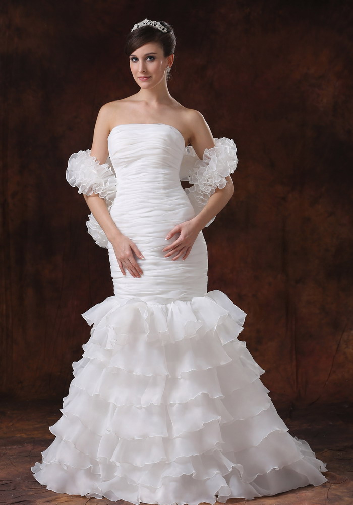 Mermaid Organza White Ruched Wedding Dress With Ruffles Layers