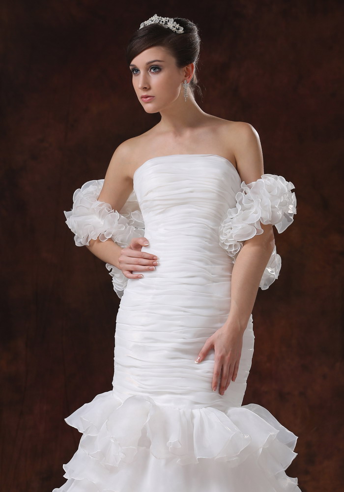 Mermaid Organza White Ruched Wedding Dress With Ruffles Layers