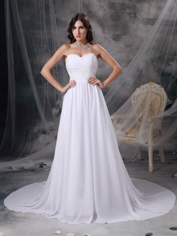 White Empire Court Train Chiffon Appliques and Ruched Wedding Dress