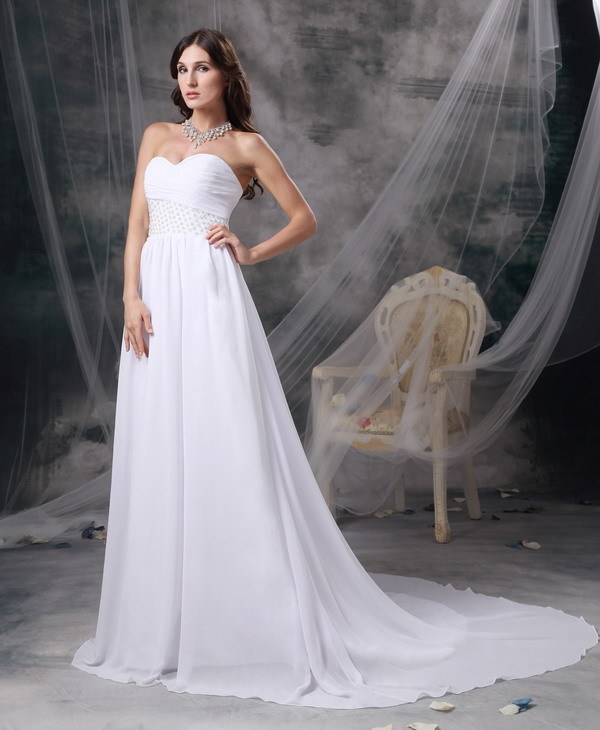 White Empire Court Train Chiffon Appliques and Ruched Wedding Dress